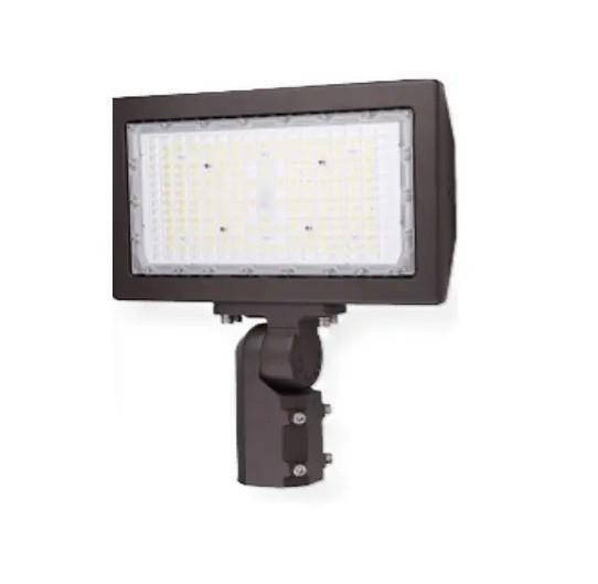 Halco SFL-200-CS-H-KN-SPD 34926 SekTor Flood 200W CCT Selectable UNV 347 480 Slipfit Knuckle Mount with High Voltage 10KVA SPD, floodlight with rectangular lighting fixture and adjustable knuckle mount.