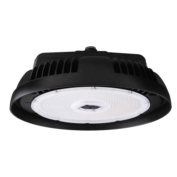 Eiko HBX3 Round High Bay, PowerSet 240/220/200/180W, 5000K, 277-480V, Dimming, Black, industrial LED high bay light fixture with heat sink design for high-ceiling applications.
