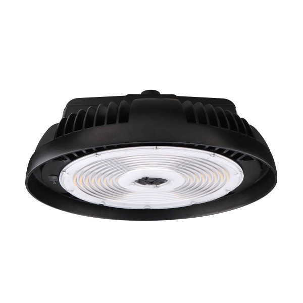 Eiko HBX3 Round High Bay, PowerSet 240/220/200/180W, FieldCET 4000/5000K, 120-347V, Dimming, Black, LED industrial high bay light with heat sink.
