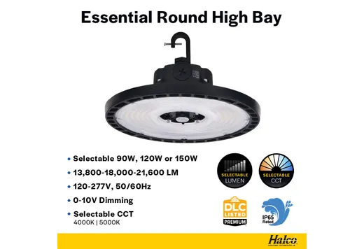 Halco Essential Round Highbay (Gen-2) Controls Ready 3.5mm Jack Lumen Select 13,800-18,000-21,600 (90W-120W-150W), Color Select 4000K or 5000K, 120-277VAC, 0-10V Dimming, Black