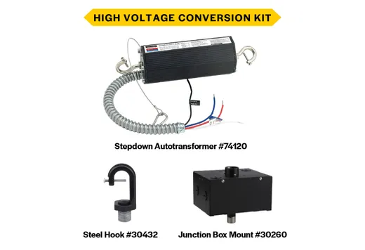 High Voltage Conversion Kit for Essential Round Highbays (Gen 1 and 2) Contains HV Driver 74120, J-Box 30260 and NPS 3/4" Cast Aluminum Hook 30432 - 30416