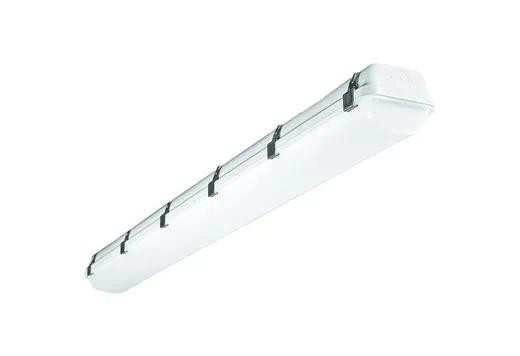 Halco LVPT-4-WS-CS-U-EM 28104 ProLED Select Linear Vaportight 4 Field Selectable Wattage & CCT Battery Backup, white vapor-tight LED light fixture with multiple adjustable wattage and color temperature settings.