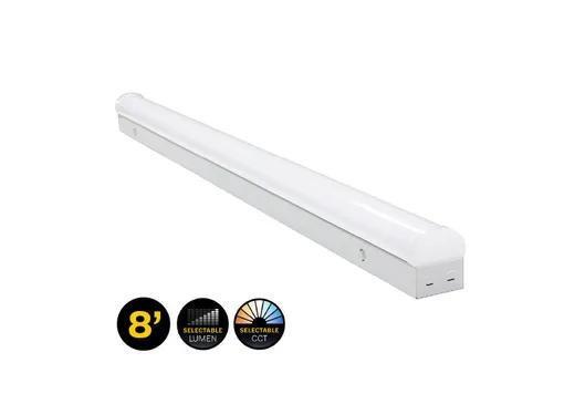 Halco ProLED Select Linear Strip 8ft Selectable Wattage & Color Temp 120-277V 0-10V Dimmable Diffused Lens Fixture, an 8-foot LED linear lighting fixture with adjustable wattage and color temperature, ideal for commercial and industrial lighting. 