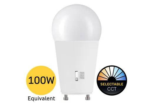 Halco 15A19-LED-9CS-GU24-D-T20 83216 LED A19 Lamp GU24 Base Color Selectable 2700K-5000K 15W 1600 Lumens (100W Equiv) Dimmable T20, image of the LED light bulb with color temperature control and dimmable feature.