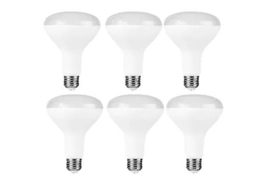 Halco 8BR30-FL-LED-827-DIM-ES-6-PK LED BR30 8W Flood Dimming 80+ CRI 2700K White Housing 6-Pack, image of six white LED flood light bulbs with standard screw bases.