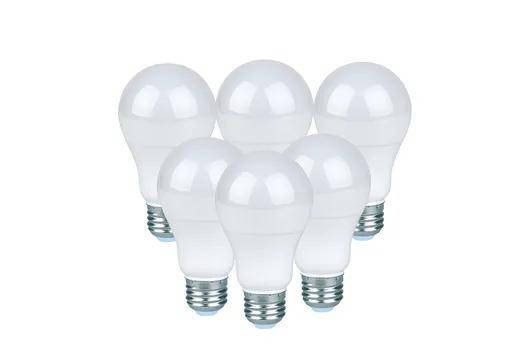 Halco A19FR9-927-DIM-LED4-T20-6pk 88044 A19 Dimmable 9W 2700K Title 20 6-Pack, six LED light bulbs with standard E27 bases in a cluster, designed for energy-efficient lighting and warm white glow.