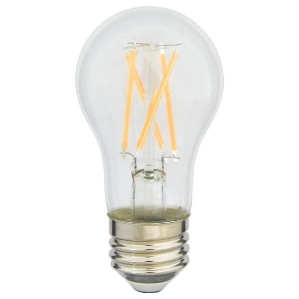 Eiko 2.5W 250LM A15 80CRI 2700K Glass Clear Dimmable E26, close-up of a clear incandescent LED filament light bulb with a silver screw base.
