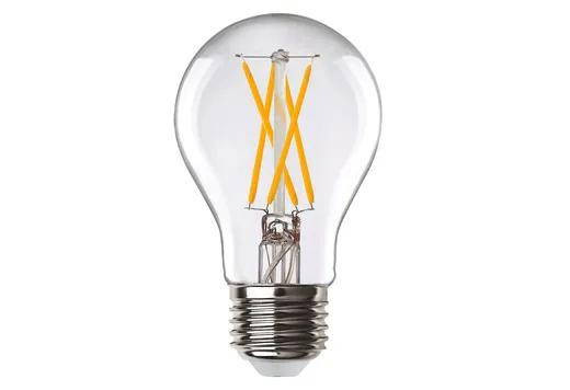 Halco Filament LED Performance A-Shape (A19) Filament Bulb Clear Medium (E26) Base 9W 3000K Dimmable 90 CRI T20-T24-JA82019, image of a clear LED filament bulb with visible yellow filaments and metal screw base.