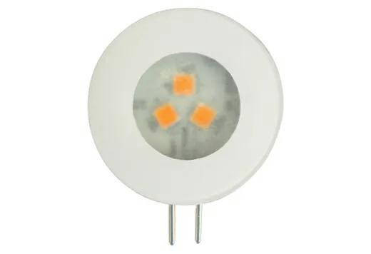 Halco LED JC Lamp 3.3W, front view showing GU4 base and orange LED chips inside, energy-efficient 2700K warm white light, 200 lumens, non-dimmable