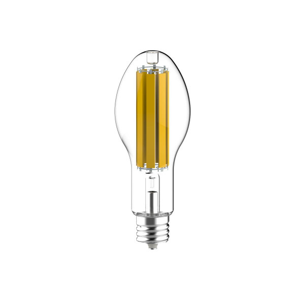 Eiko LED HID Replacement Filament Lamp 45W ED28 7500LM 80CRI 3000K 120-277V EX39, clear and yellow LED filament bulb for high lumen output and energy efficiency.