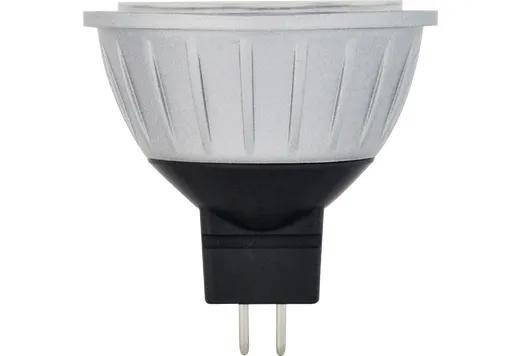 Halco LED MR16 Flood 4W 5000K Dimmable 40 Degree GU5.3 Base Damp Location Silver-Dark Gray 10-18V - 310 Lumens - 40000 hours - 80CRI, LED flood light bulb with GU5.3 base and silver-dark gray finish.