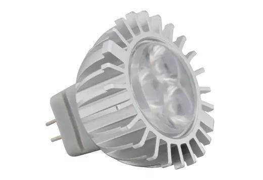 Halco LED MR11 Flood 3W 30 Degree 5000K GU4 Base 10-18V - 250 Lumen - 40000 hours - 80CRI, modern LED spotlight bulb with aluminum heat sink and GU4 base for energy-efficient lighting.