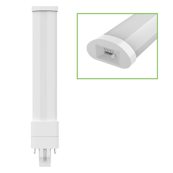 Eiko 5.5W 550lm PLS Type A/B Dual Mode Plastic 80CRI 27/30/35/40K 120-277V Horizontal GX23, image of a white compact fluorescent light bulb with GX23 base, showing both side and bottom views.