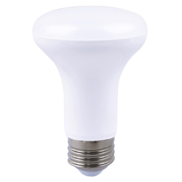 Eiko 7W 550LM BR20 Plastic 80CRI 4000K Dimmable E26, LED light bulb with a white plastic exterior and standard screw base.