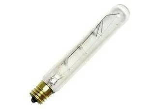 Halco T6.5 Incandescent Tube 20W 2700K Intermediate Base 130V Clear Dimmable, glass light bulb with brass base.