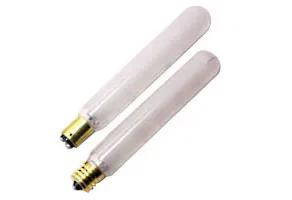 Halco T6.5 Incandescent Tube 20W 2700K Ba15d Base 130V Frosted Dimmable, two frosted light bulbs with Ba15d bases and gold-colored tips.