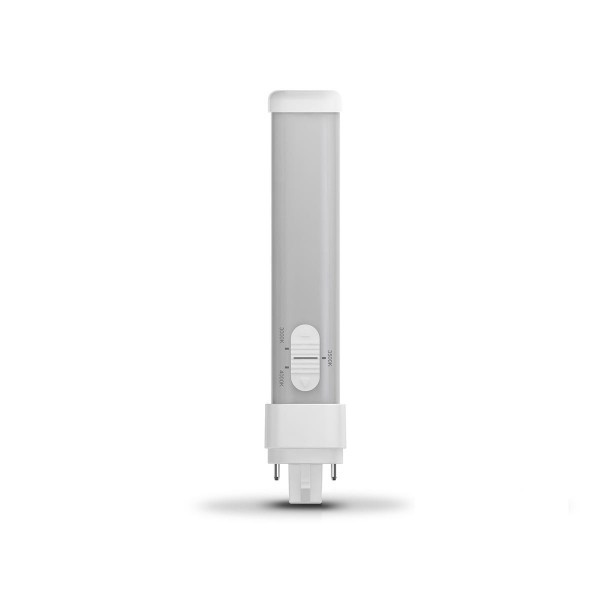 Eiko 9.5W 1010lm PLC Type A Plastic 80CRI 30/35/40K Dimmable Horizontal Rotation 270 Degree G24q, LED light bulb with adjustable brightness and color temperature in a slim, white plastic design.