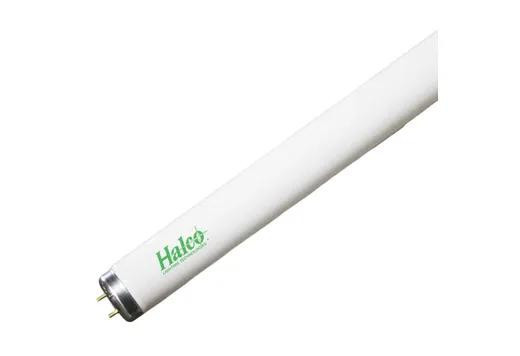 Halco Fluorescent F40 T12 Tube 48in 40W 4100K Medium Bi-Pin Base Rapid Start Non-Dimmable 3150 Lumens Avg Life 24000 hrs, a white fluorescent light tube with bi-pin connectors and metal ends.