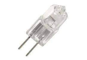 Halco JC Type Halogen T4 Bulb 50W 12V, clear glass with G6.35 base, featuring a C-8 filament, rated for 3000 hours, 2950K color temperature, and 99 CRI, suitable for dimming.