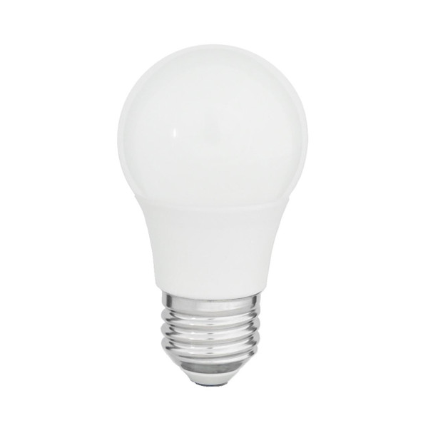 Eiko 9W 810LM A19 90CRI 3000K Plastic Frosted Dimmable E26, close-up of a modern LED light bulb with frosted finish for warm white lighting, standard E26 screw base.