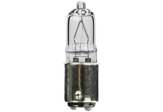 Halco Q50CL/DC 107018 130V 50W T4 BA15D PRISM, clear automotive light bulb with metallic base and glass enclosure for vehicle lighting.