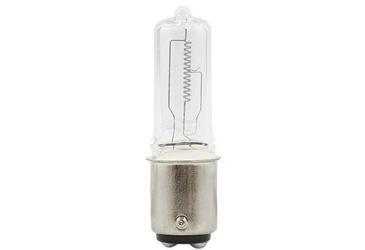 Halco Q75CL/DC 107021 130V 75W T4 BA15D PRISM, clear incandescent light bulb with a PRISM shape and BA15D base.
