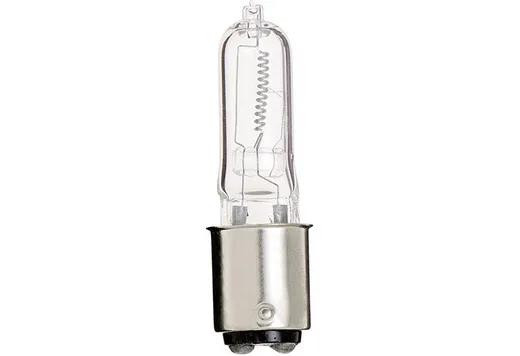 Halco Q100CL/DC 107025 130V 100W T4 BA15D PRISM light bulb, clear glass with filament inside.