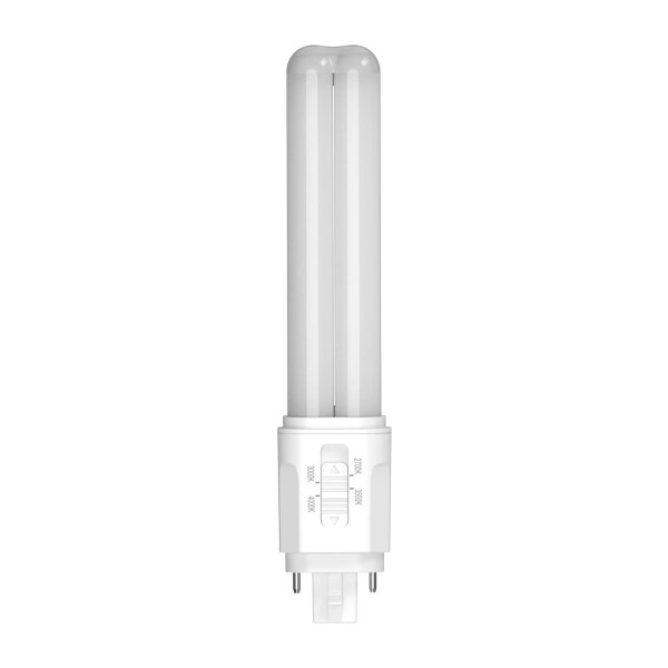 Eiko 9W 1185lm PLC Type A/B Dual Mode Plastic 80CRI 2700/3000/3500/4000K 120-277V Omni G24d, modern energy-efficient fluorescent lighting bulb with adjustable color temperature.