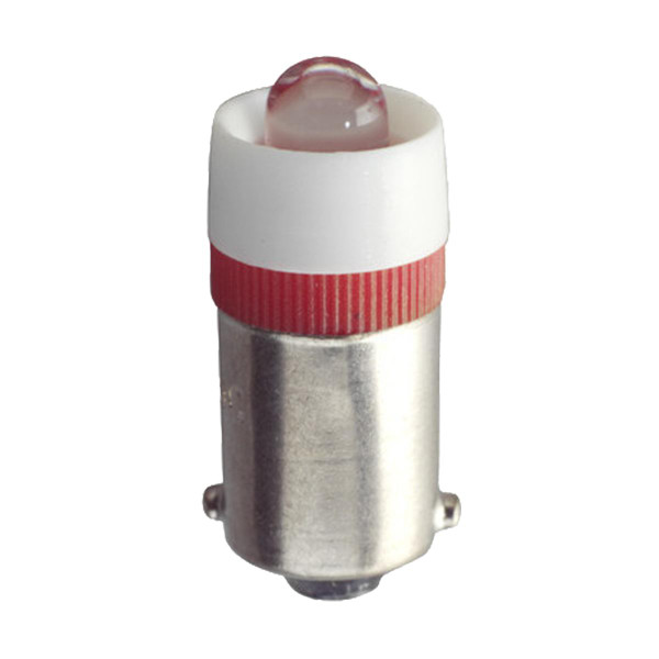 Eiko 6V AC/DC T3-1/4 BA9S White, small halogen light bulb with metal base and white and red plastic top.