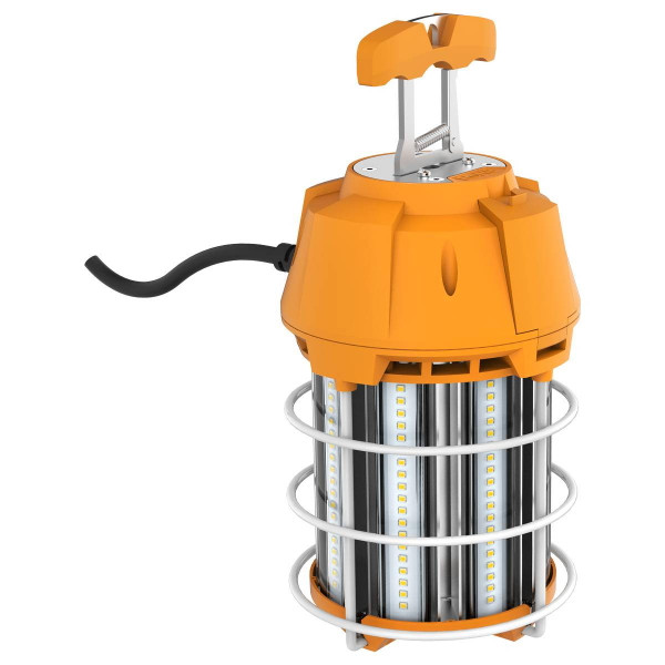 Eiko LED Temporary Work Light Connectable 100W, 12,000 lumens, NON-DIM, 5000K, 80+ CRI, hook base, 120VAC, portable industrial lighting with adjustable high-intensity LED bulbs for construction sites and workshops.