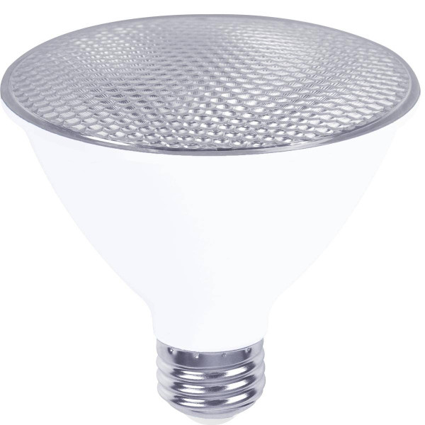 Eiko LED PAR30 Short 10W-850lm Flood 40 Deg Dimmable 90+CRI 5000K E26 T20, image of a white LED floodlight bulb with a silver reflector and a standard screw base.