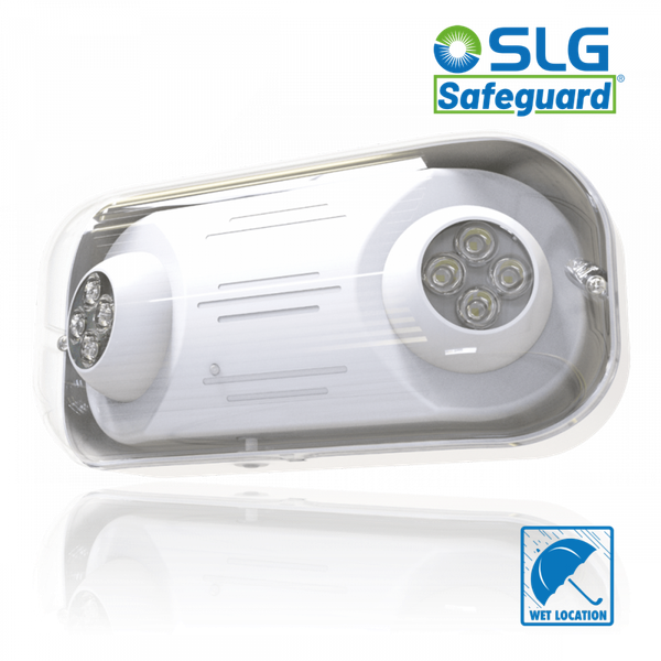 SLG 120-277Vac Thermpolastic built-in heads EM light with PC water proof enclosure, LiFePO4 battery 3.2V1500mAH, manual test, Wet location, ta 5 to 50 degree, white color, 220lm outpout, manual testing (Under testing)