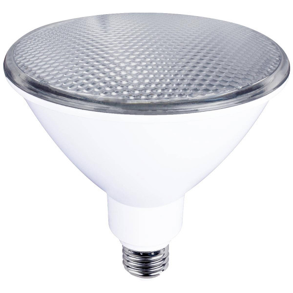 Eiko LED PAR38 14W-1200lm Flood 40 Deg Dimmable 90+CRI 3000K E26 T20 JA8, image of a white LED flood light bulb with a textured lens on top.