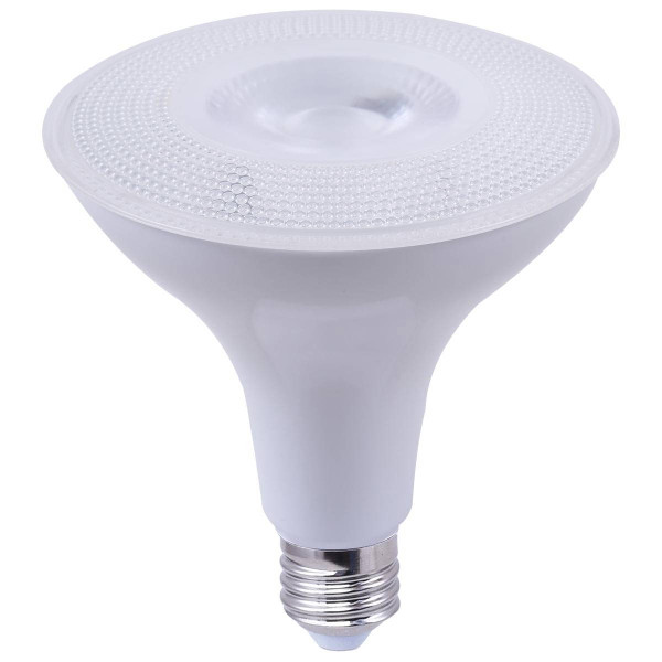 Eiko LED PAR38 Flood 40 Degree 15W - 1250lm Dimmable 5000K 80+CRI 120VAC E26, LED flood light bulb with a white body and clear lens ensuring bright and energy-efficient lighting.