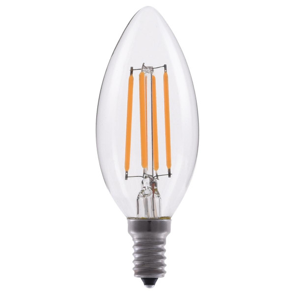 Eiko LED Advantage Filament B11 320 Deg 2.5W-200lm Dimmable 80CRI 2700K E12 120VAC Clear, LED filament bulb with a clear glass exterior and orange internal filament LEDs.