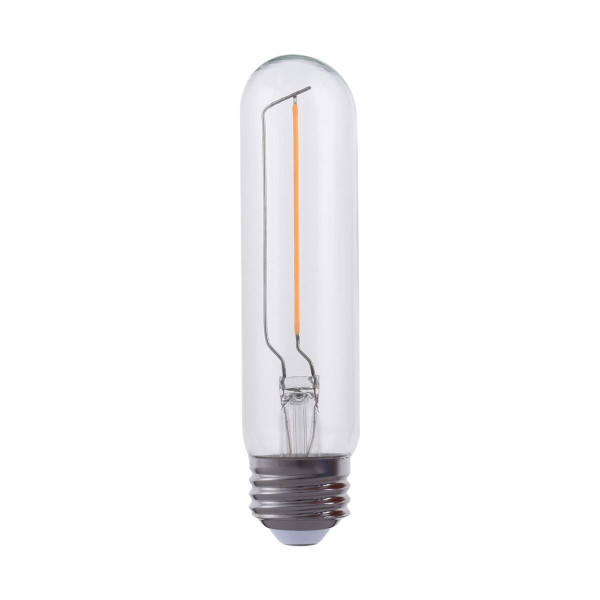 Eiko LED Advantage Filament T10 320 Deg, 2.5W-250lm, Dimmable, 80CRI, 2700K, E26, 120VAC, clear glass tubular light bulb with filament inside.
