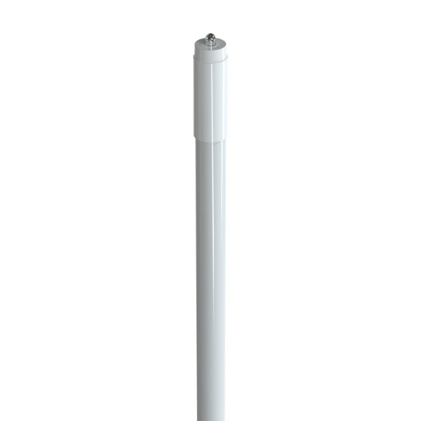 Eiko Glass Bypass/Line Voltage DBL Ended T8 8FT 24W LED Light Bulb, front view showing cylindrical frosted white LED tube with metal end caps.