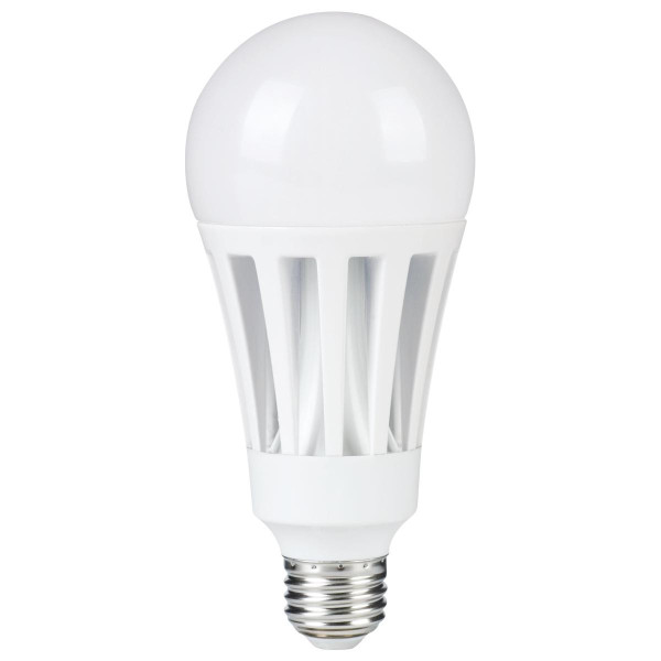 Eiko LED Litespan A23 Omni-Directional 29W-3050lm Enclosed 80+ CRI 5000K E26 light bulb, white, with a spherical top and a standard screw base.