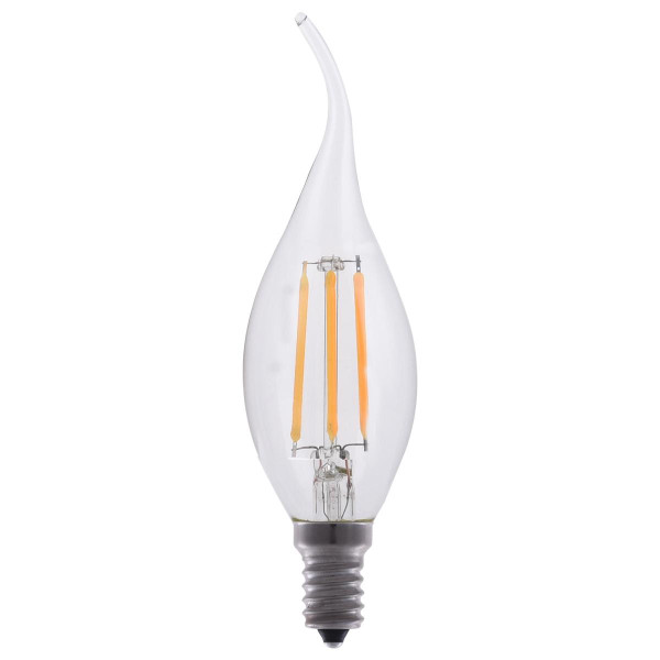 Eiko LED Advantage Filament BA11 320 Deg, 4W-400lm, Dimmable, 80CRI, 2700K, E12, 120VAC Clear - LED filament light bulb with clear glass, elongated shape, and visible LED filaments inside.