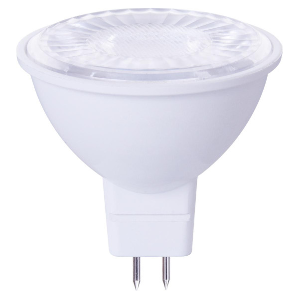 Eiko LED MR16 6.5W-450lm Flood 40 Degree Dimmable 90+CRI 4000K GU5.3 T20 JA8, front view of the energy-efficient LED spotlight bulb with GU5.3 base and clear lens, suitable for accent lighting.