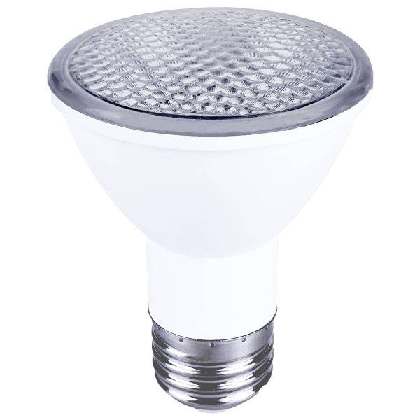 Eiko LED PAR20 6.5W-540lm Flood 40 Degree Dimmable 90+ CRI 3000K E26 T20 JA8, image of a white LED light bulb with a reflective, textured top surface and standard screw base for energy-efficient lighting.