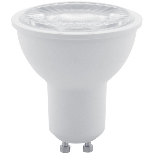 Eiko MR16 GU10 Flood 40 Degree Beam 7W-500LM Dimmable 2700K 80CRI 120V light bulb, close-up of the white LED spotlight with clear cover and two metal connectors at the base.