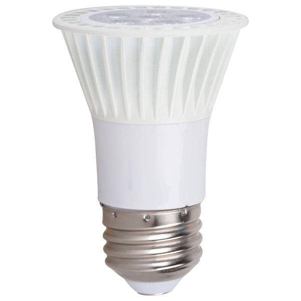 Eiko LED Litespan PAR16 7W-450lm, 40 degree beam, 4000K, 80+CRI, E26 base, 120VAC, energy-efficient LED spot light bulb with a white exterior and metal screw base.