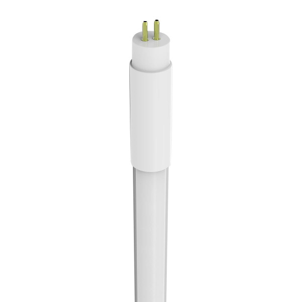 Eiko Glass Ballast Bypass T5 2FT 7W-950LM 3500K 80+CRI 120-277VAC, close-up of white tube light with two yellow pins for electrical connection.