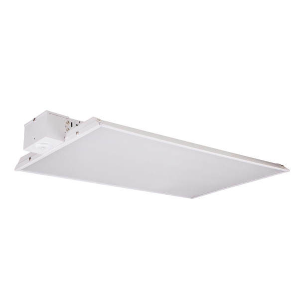 Eiko LHS1 Linear High Bay light fixture, white LED panel with adjustable wattage options, designed for high ceiling industrial and commercial applications.