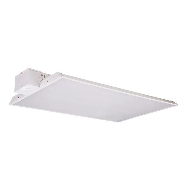 Eiko LHS1 Linear High Bay LED Light, sleek white LED high bay light with adjustable wattage options from 140W to 200W, color temperature 4000K/5000K, compatible with 120-347V DC power supply, featuring 0-10V dimming for customizable lighting.