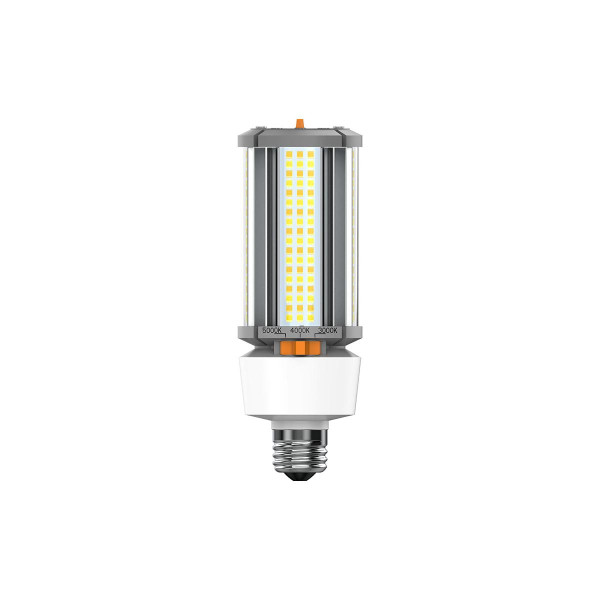 Eiko LED HID Corn Cob 27/18/12W 3915LM 80CRI 30/40/50K 120-277V E26, close-up image of energy-efficient LED bulb with adjustable color temperature switch.