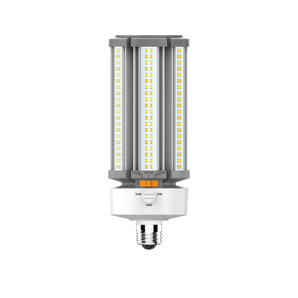 Eiko LED Corn Cob 54/45/36W 7830LM 80CRI 30/40/50K 120-277V E26, energy-efficient LED corn bulb with multiple LEDs, ideal for bright lighting in commercial and industrial settings.