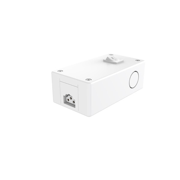Eiko Junction box with switch for LS2 and LS3, 120VAC, white plastic enclosure with power switch and electrical outlet.