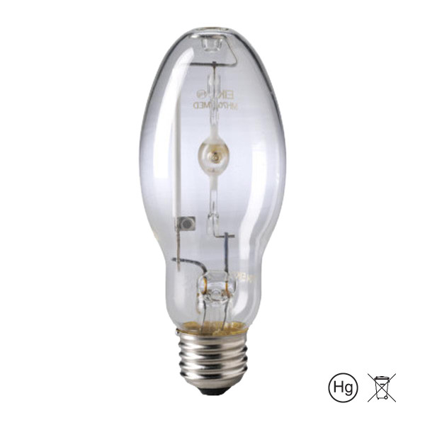 Eiko 150W ED-17 Medium Base Pulse Start Universal Burn, clear incandescent light bulb with medium screw base, high-intensity discharge lamp for industrial and commercial lighting.